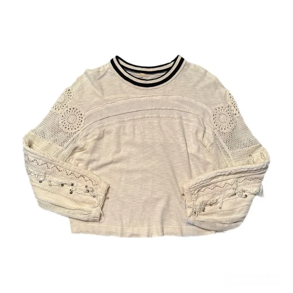 Free People Marrakech Long Sleeve Crochet Embellished Boho Ivory Top Size S